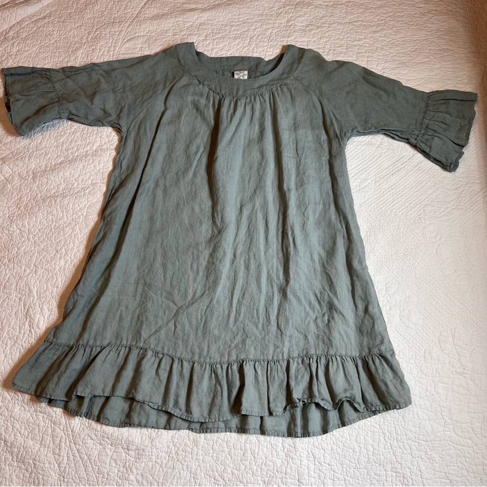 Match Point olive green linen tunic dress with ruffled bell sleeves ruffled